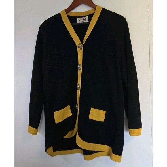 Alyzia Sweaters - VTG Laura by Alyzia Knit Sweater Womens 14 Cardigan‎ Black Yellow Old Money 80s